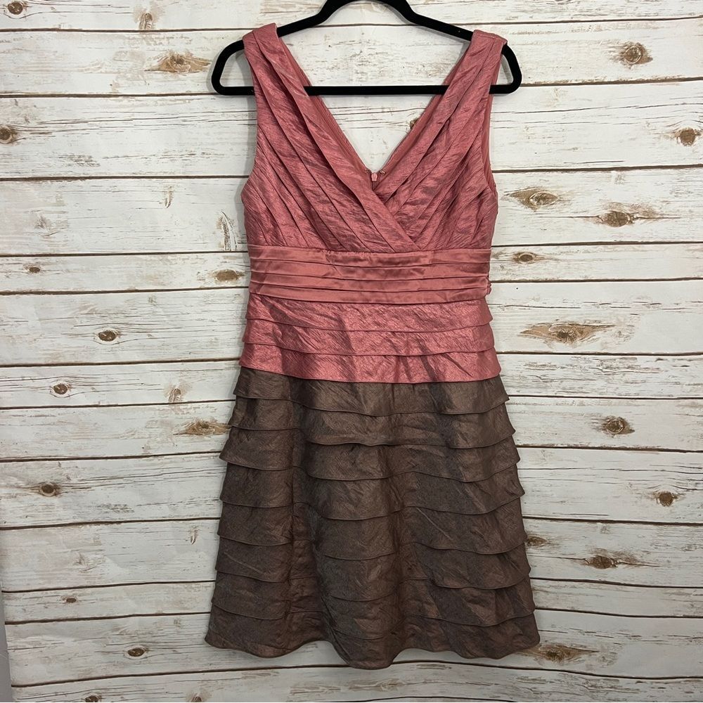 Adrianna Papell Pink Brown Layered Tiered Tank Formal Dress Shutter Pleat